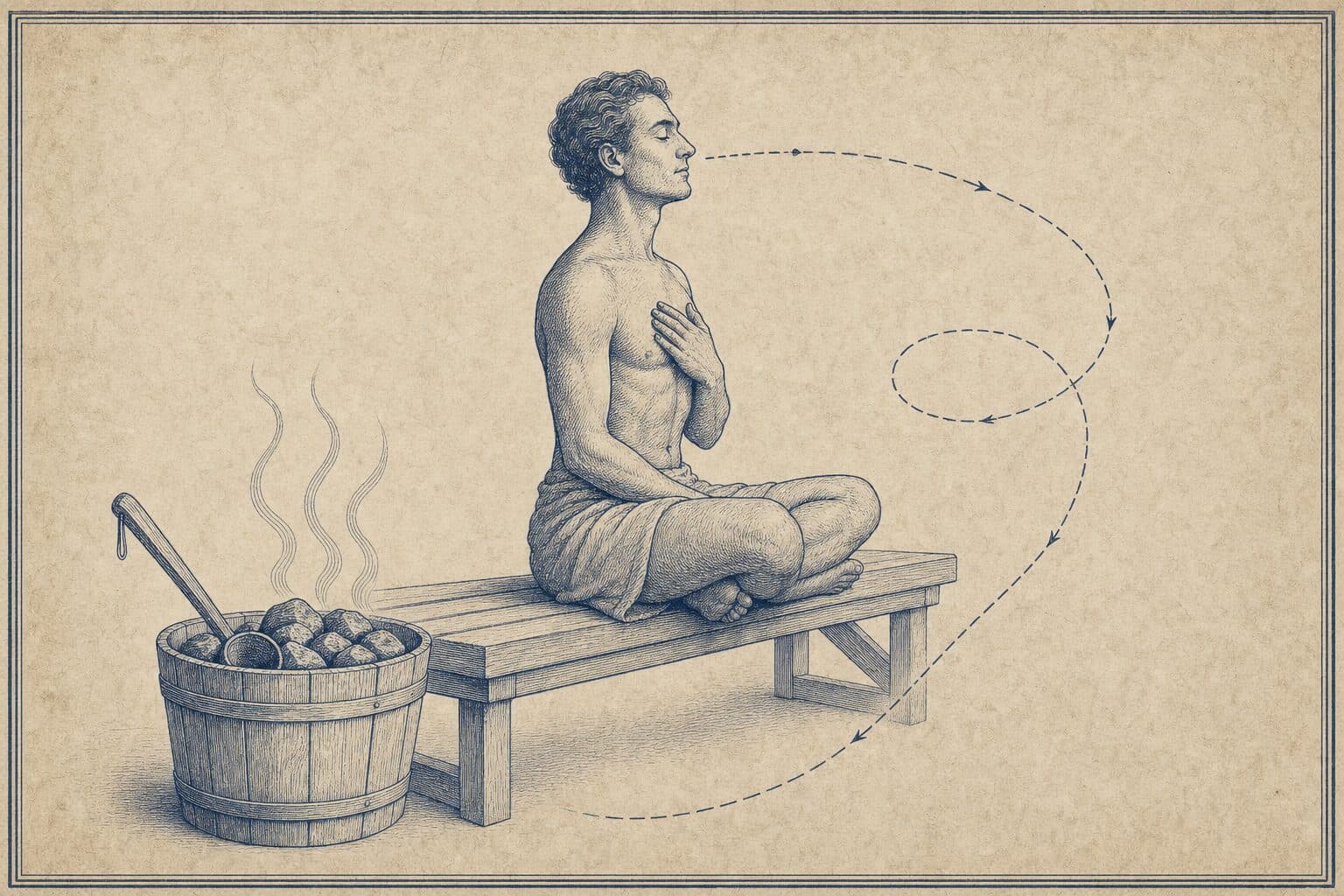 Navy-ink engraving on aged parchment: a figure sits on a sauna bench with eyes closed and a hand on the chest, one dashed line of arrows curving slowly away from the face.