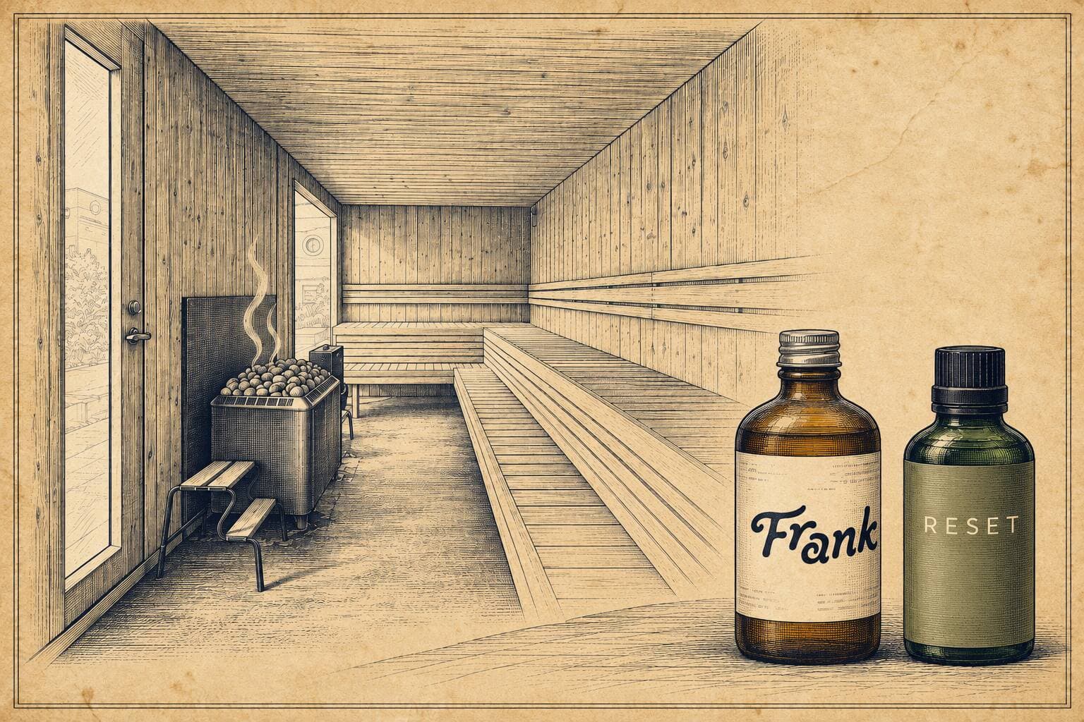 Engraving of Heat Harmony's wood-lined sauna with its heater and benches, alongside closed Frank and RESET oil bottles in the foreground.