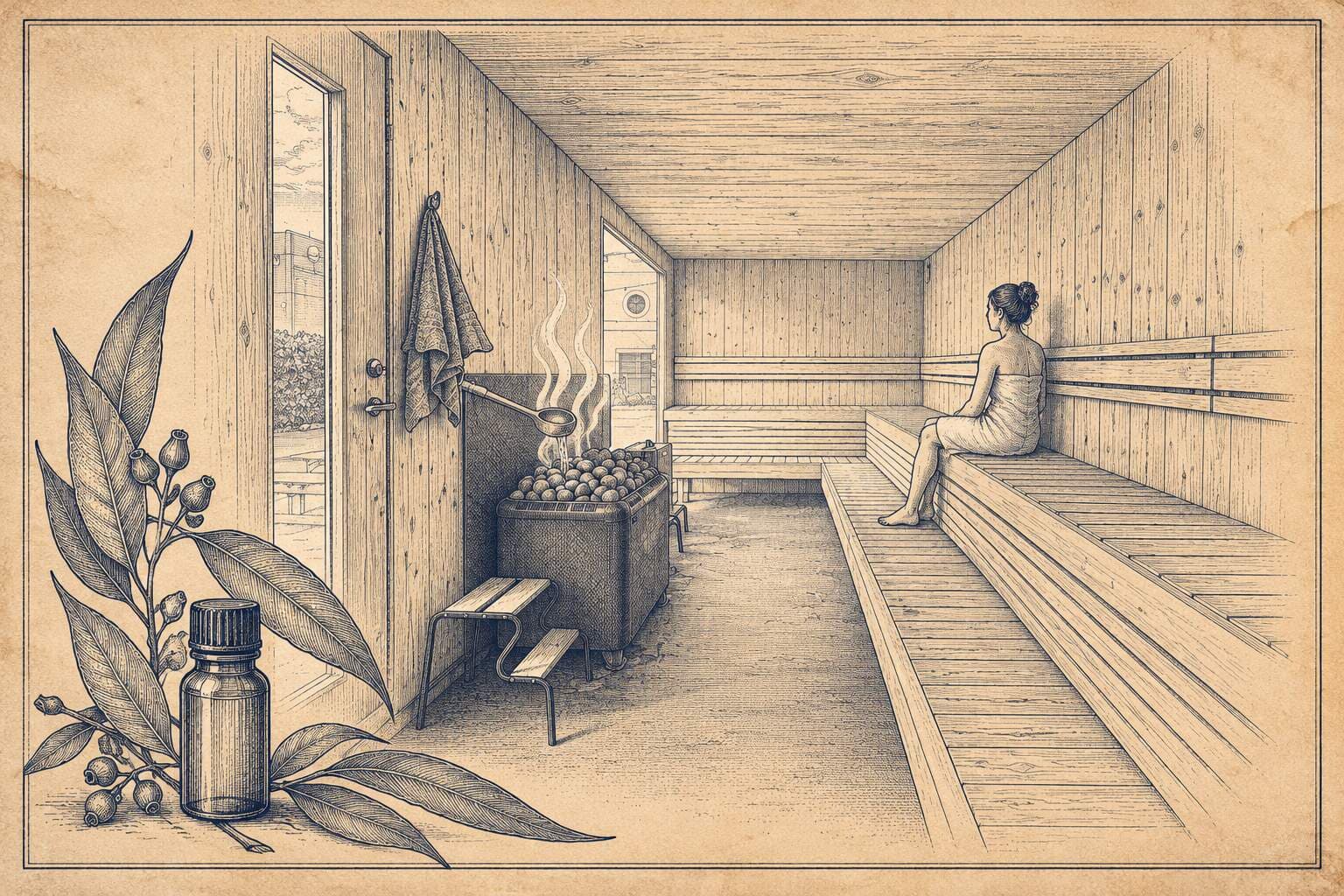 Navy-ink engraving on aged parchment: eucalyptus and a small bottle in front of a sauna with a door on the left, a steaming heater and a woman on the right-hand bench.