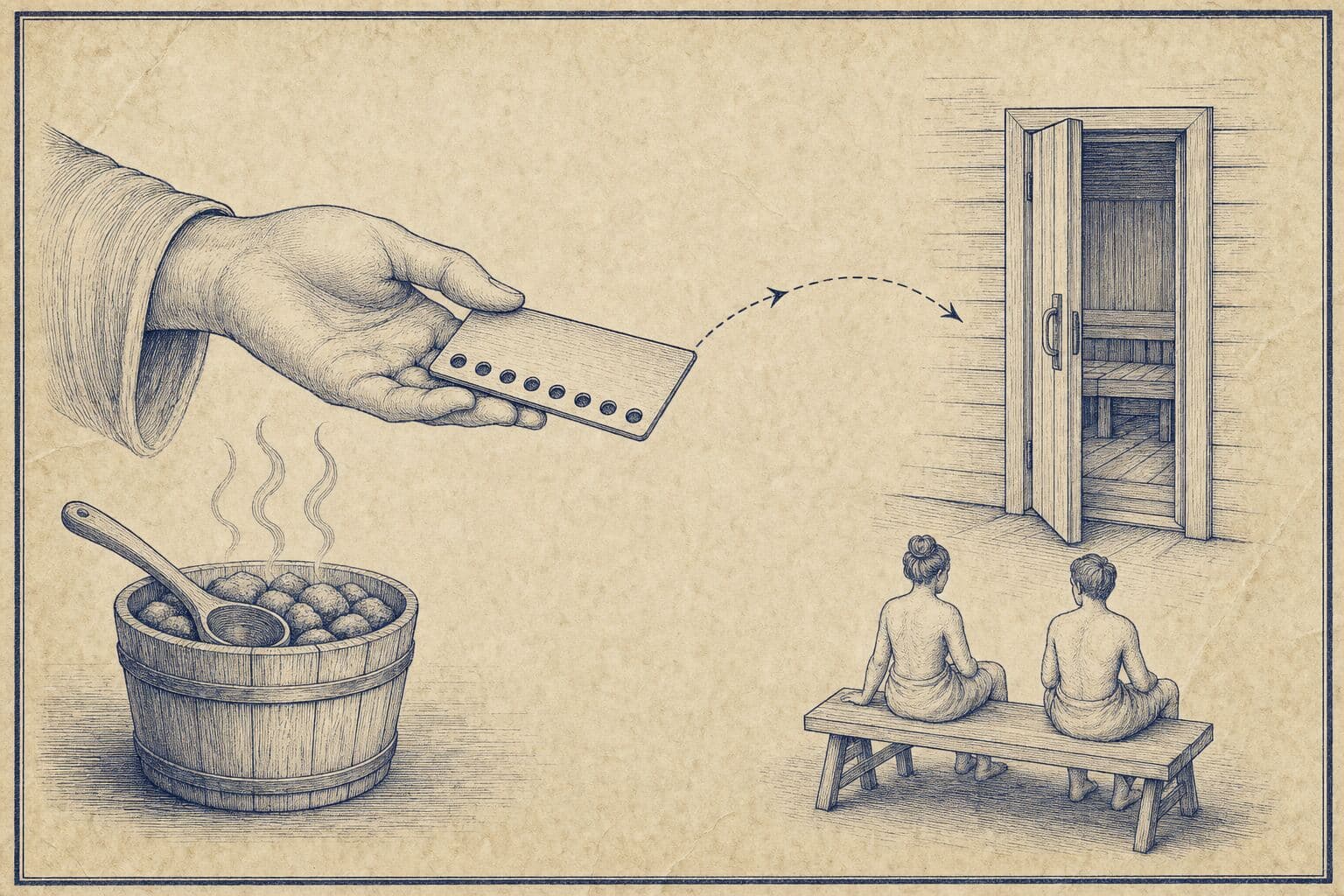 Vintage navy-ink engraving on aged parchment: a hand holds out a small punched multi-visit card with round holes in it, and a single dashed curve carrying arrowheads sweeps from the card towards an open sauna door with a bench visible inside. Bottom left, a wooden bucket of sauna stones with a ladle and three curls of steam. Bottom right, two small figures sit with their backs to us on a bench.