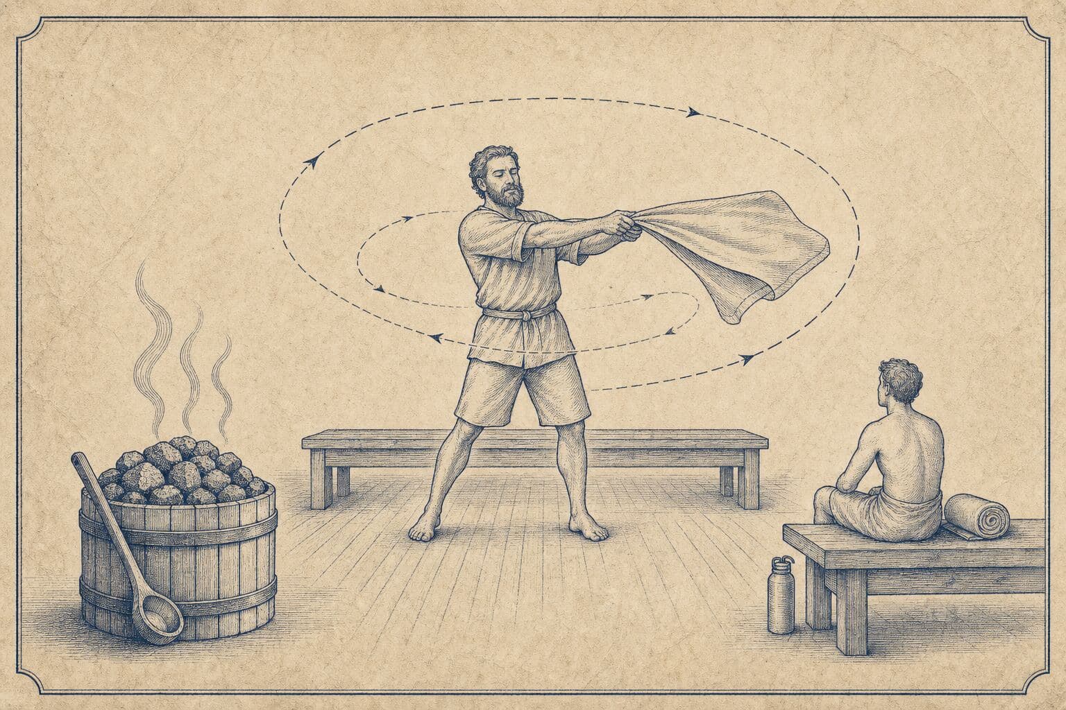 Vintage navy-ink engraving on aged paper: a gusmester stands in the middle of the room swinging a folded towel, and the path of the towel is drawn as a large dashed ellipse of arrows. On the left a wooden tub of sauna stones with a ladle and three curls of steam. On the right a single guest sits on a bench with their back to us, next to a rolled towel and a water bottle.