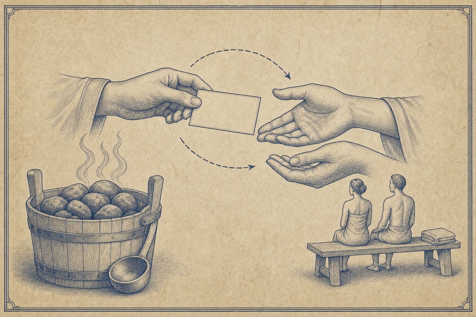 Vintage navy-ink engraving on aged paper: one hand holds out a small blank card towards two open hands waiting to receive it, and the handover is drawn as dashed arcs of arrows above and below the card. Bottom left, a wooden bucket of sauna stones with a ladle beside it and three curls of steam. Bottom right, two small figures sit with their backs to us on a bench, a folded towel next to them.