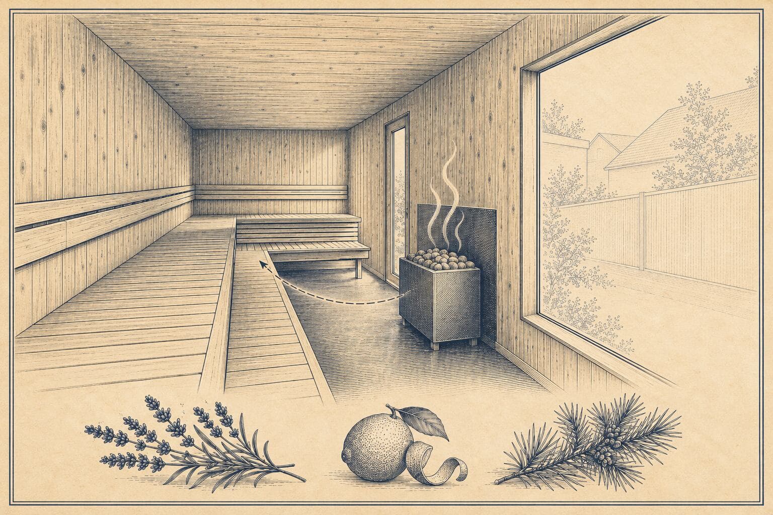 Navy-ink engraving of an unoccupied sauna with benches, heater and steam; a small botanical vignette below shows lavender, citrus and pine.