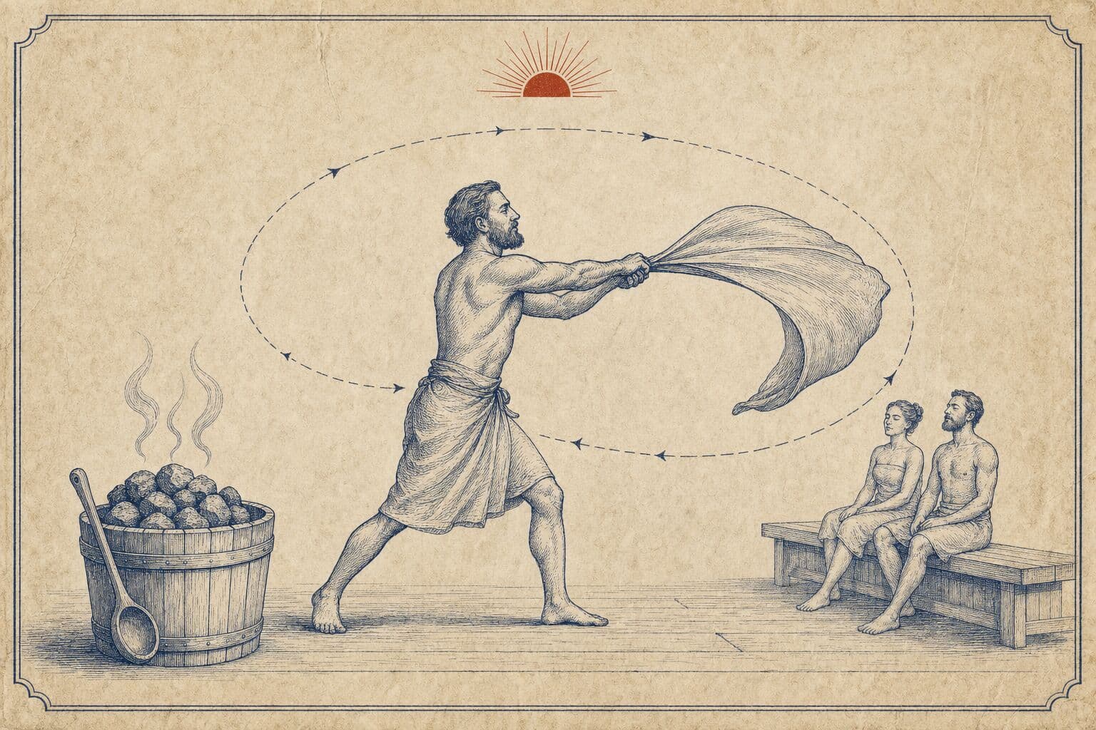 Vintage engraving of a gusmester swinging a towel in the sauna, with a bucket of hot stones on the left and two guests on the bench on the right.