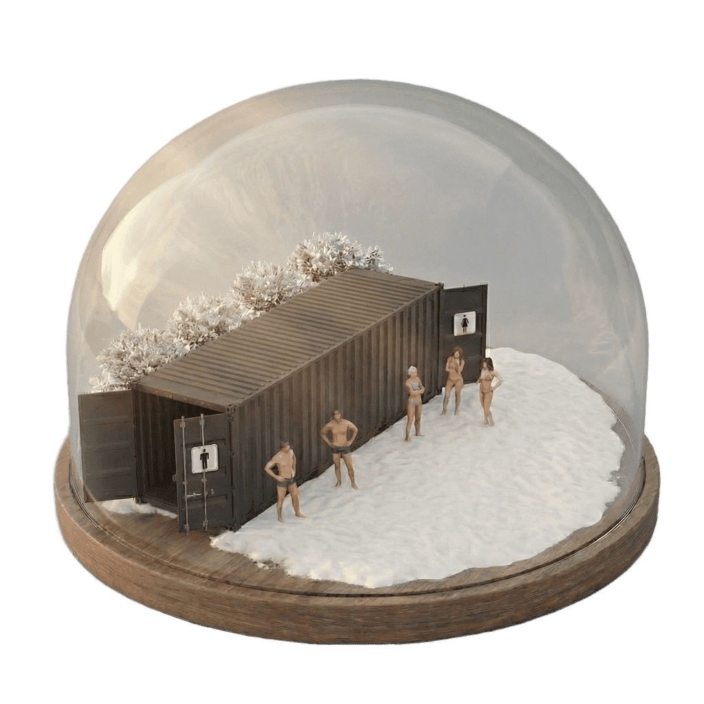 Illustrated changing room with benches and lockers.