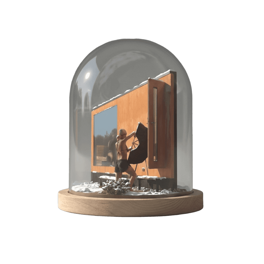 Illustrated gus master waving outside the sauna.