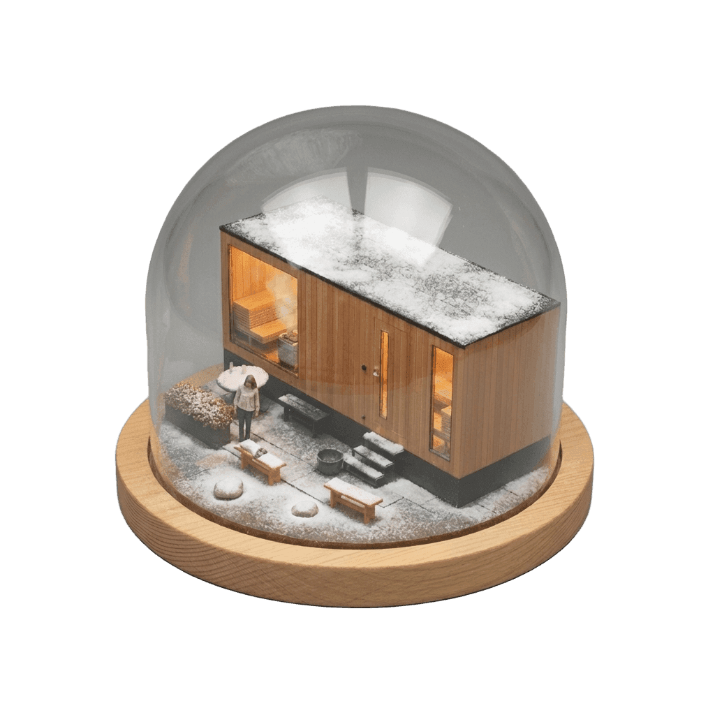 Illustrated sauna house with warm light pouring from the doorway.